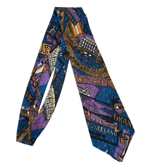 Peacock Silk Trading Mens Tie Travel 80s 90s Retro Peurta Del Sol Madrid Rome - Picture 2 of 7